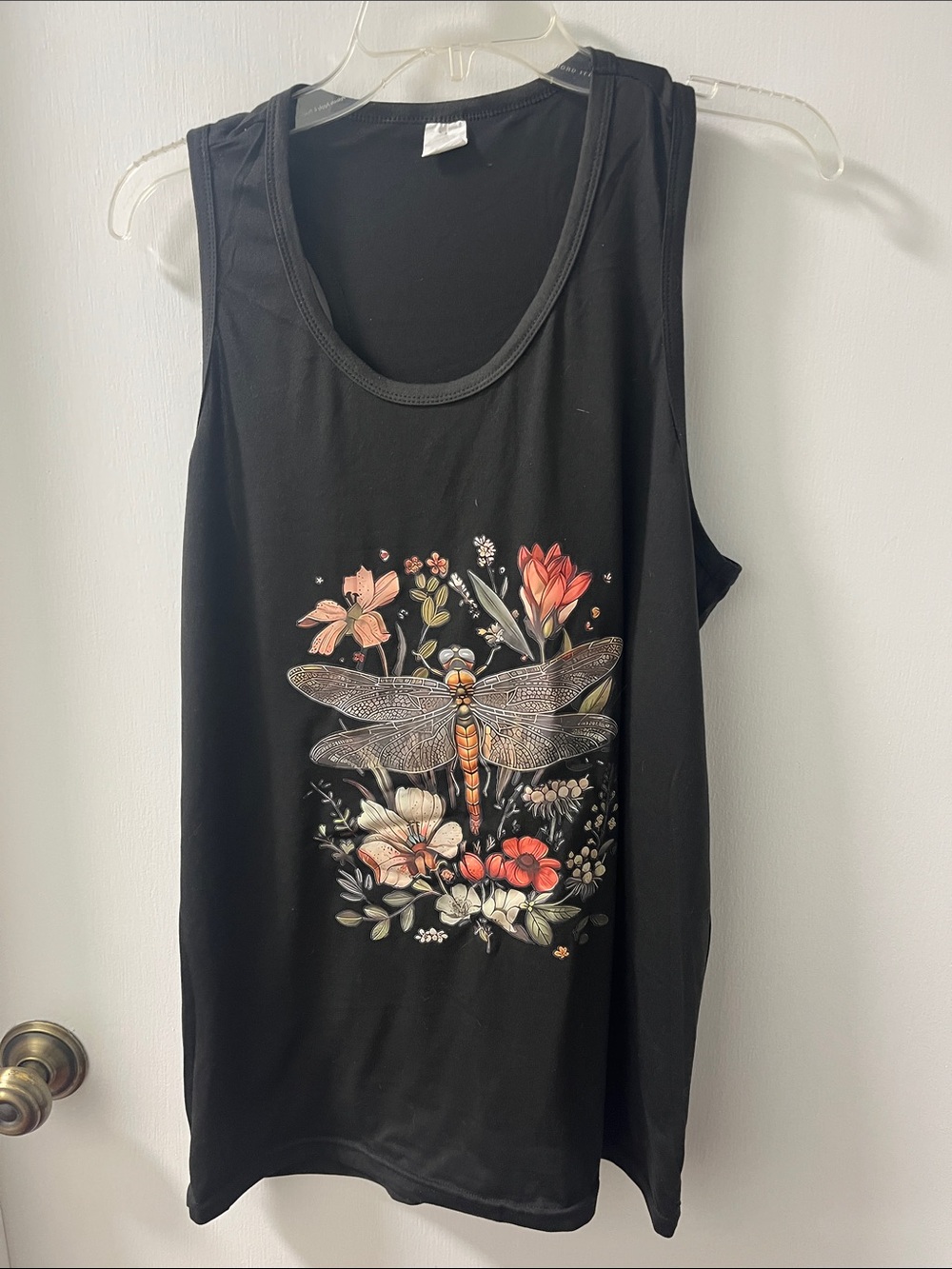Black Tank Top with Dragonfly & Floral Graphic